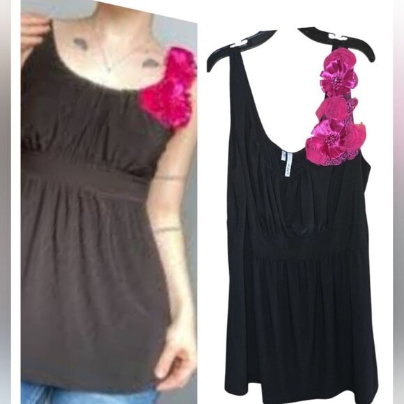 Black Sleeveless Top with Pink Floral Accent - Picture 1 of 11